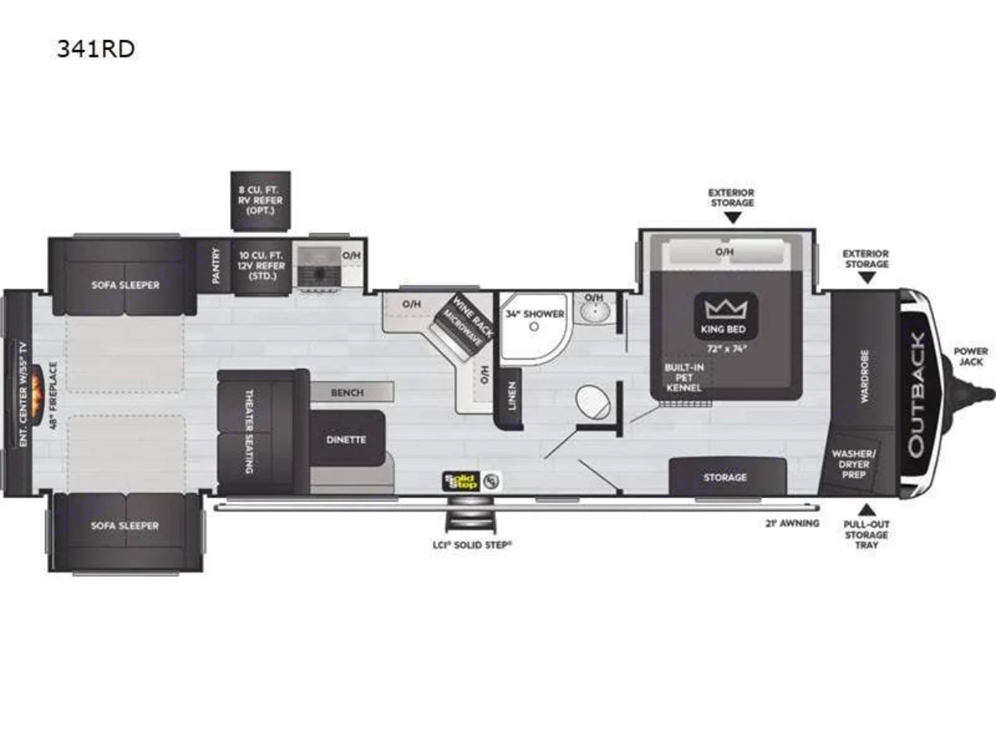 Floorplan diagram of the Keystone Outback travel trailer