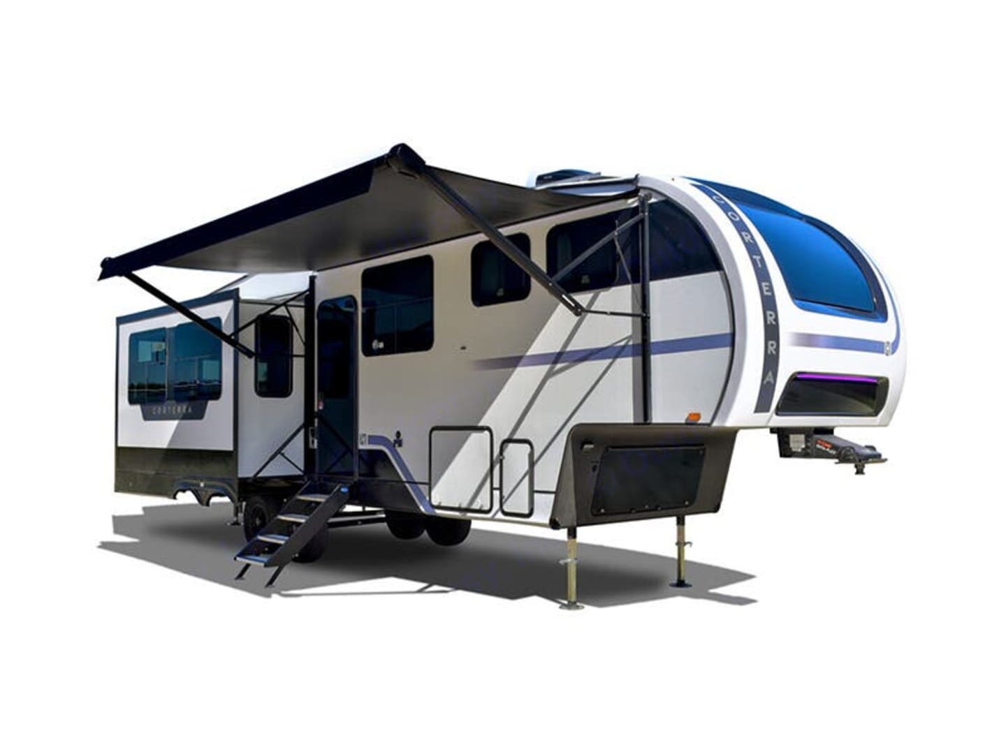 Exterior of a Heartland Corterra fifth wheel with the awning extended