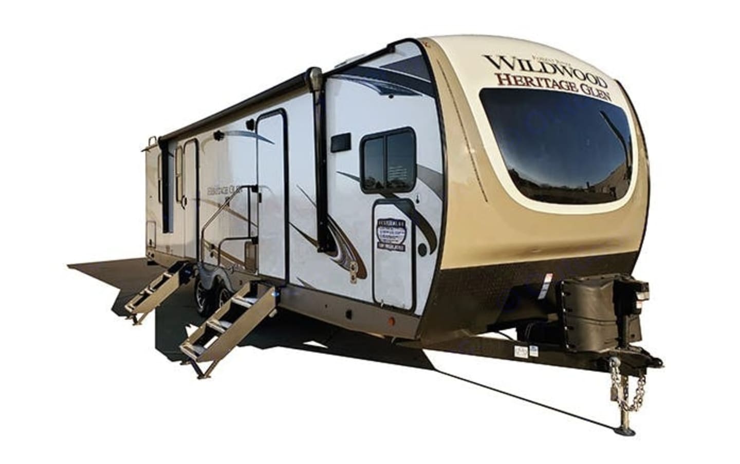 Exterior of a Forest River Wildwood Heritage Glen travel trailer with the entry steps down