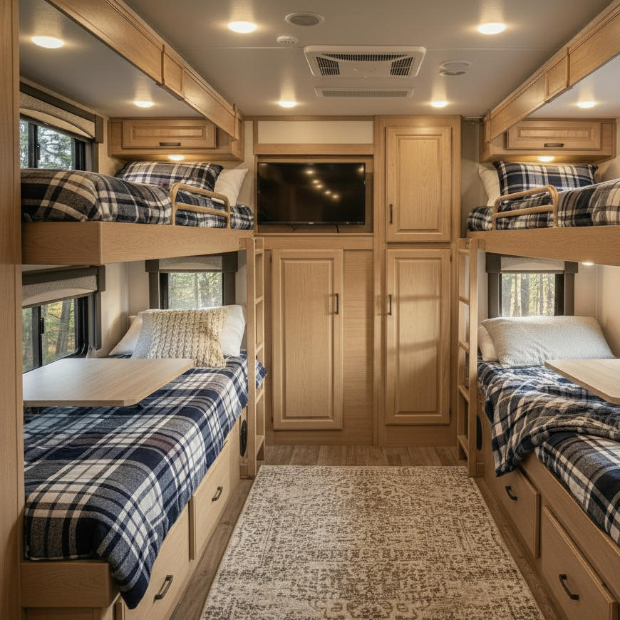 RV bunkroom with four built-in plaid-bedded bunks, wall-mounted TV and a wood-clad central wardrobe — sleeps four kids comfortably.