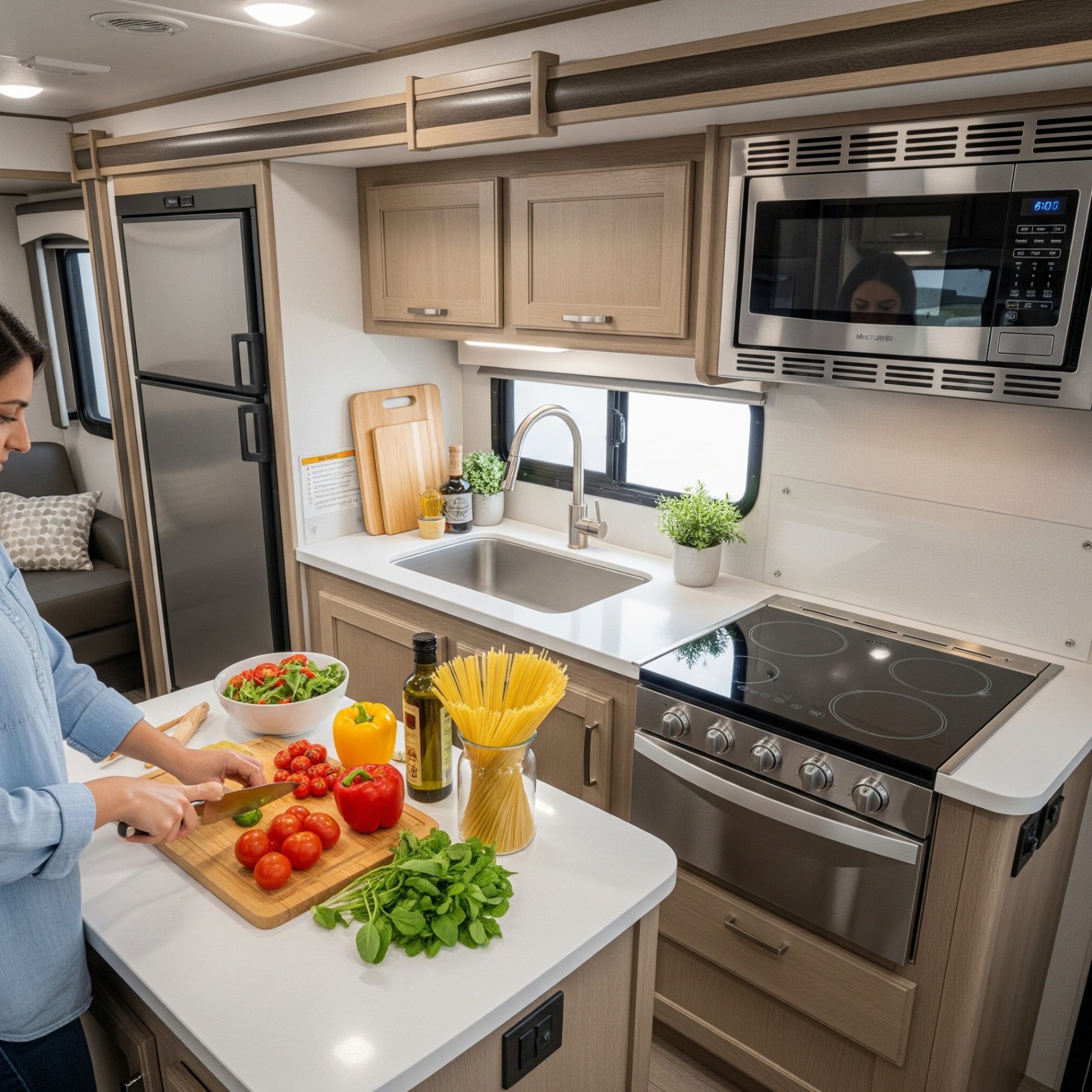 Cook prepping fresh peppers, tomatoes and pasta on a quartz island in a full-size RV kitchen with stainless steel appliances.