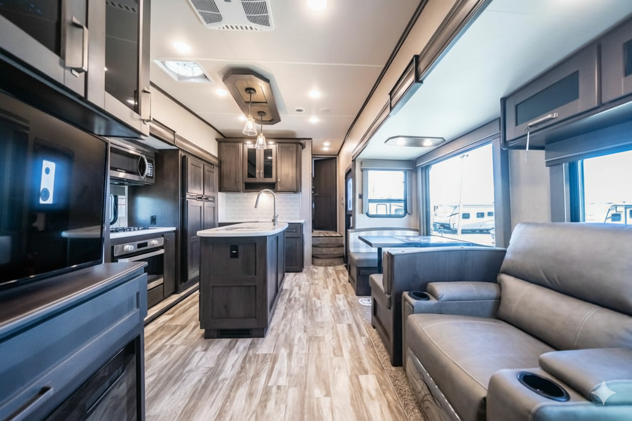 RV kitchen island with stainless appliances next to a built-in dinette and large slide-out window.