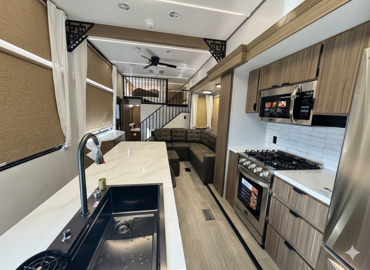 Modern RV kitchen and living area with quartz counters, gas range, sectional sofa and a loft staircase at the rear.