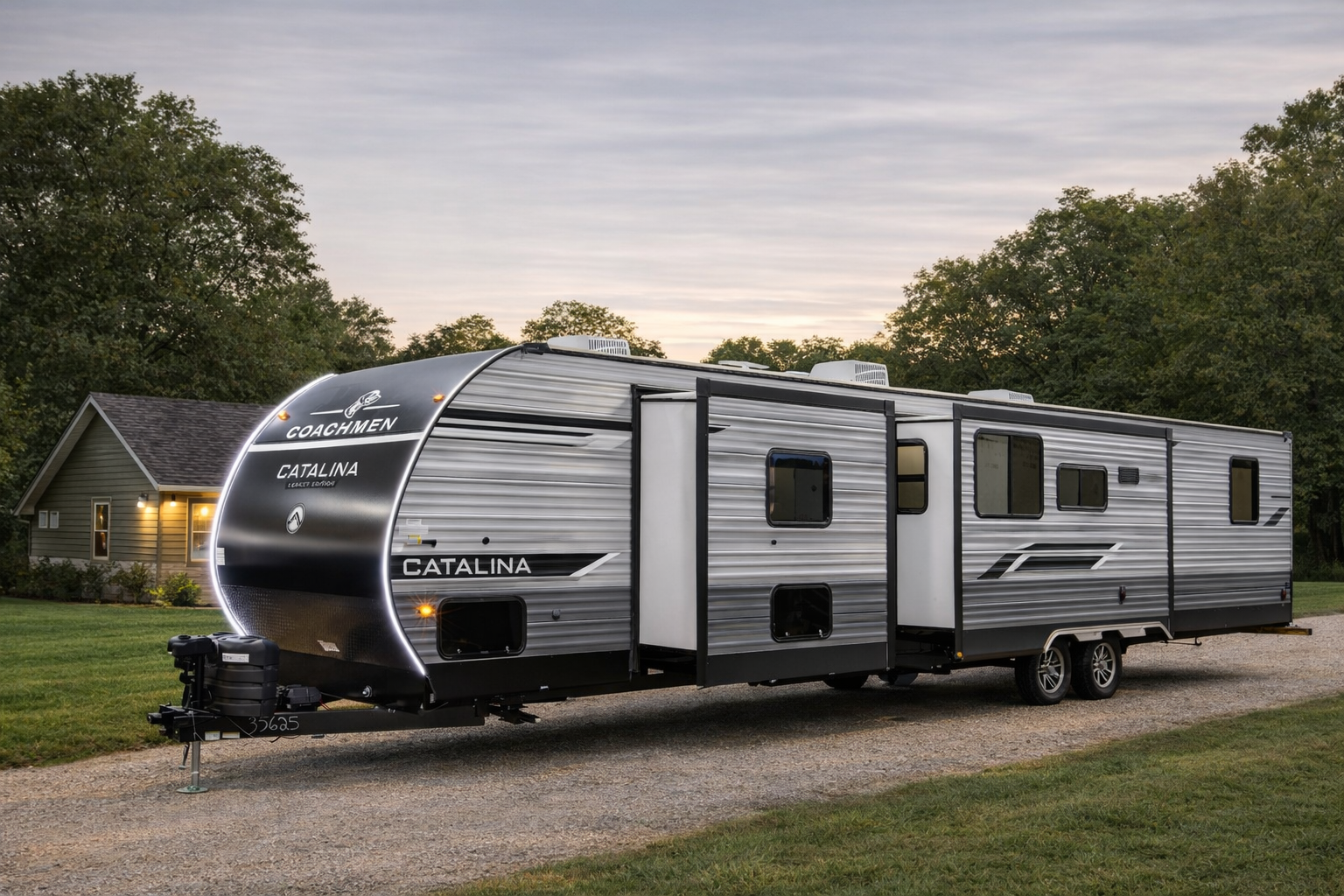 Long bunkhouse-style travel trailer with multiple slide-outs sitting on grass at dusk beside a small cottage.